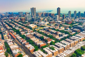 Aerial view of Loop, South Loop and Grant Park neighborhoods of the city of Chicago, Illinois shot via helicopter from an altitude of about 1000 feet.