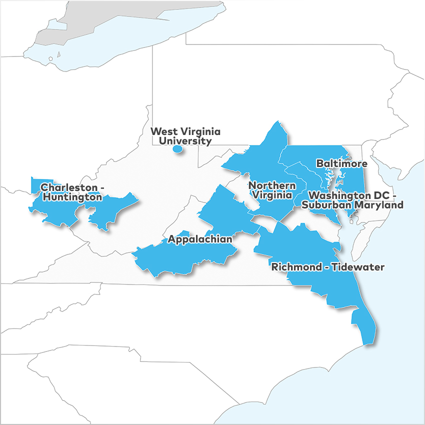 Appalachian, Baltimore, Charleston - Huntington, Northern Virginia, Richmond - Tidewater, Washington DC - Suburban Maryland,  and West Virginia University 
