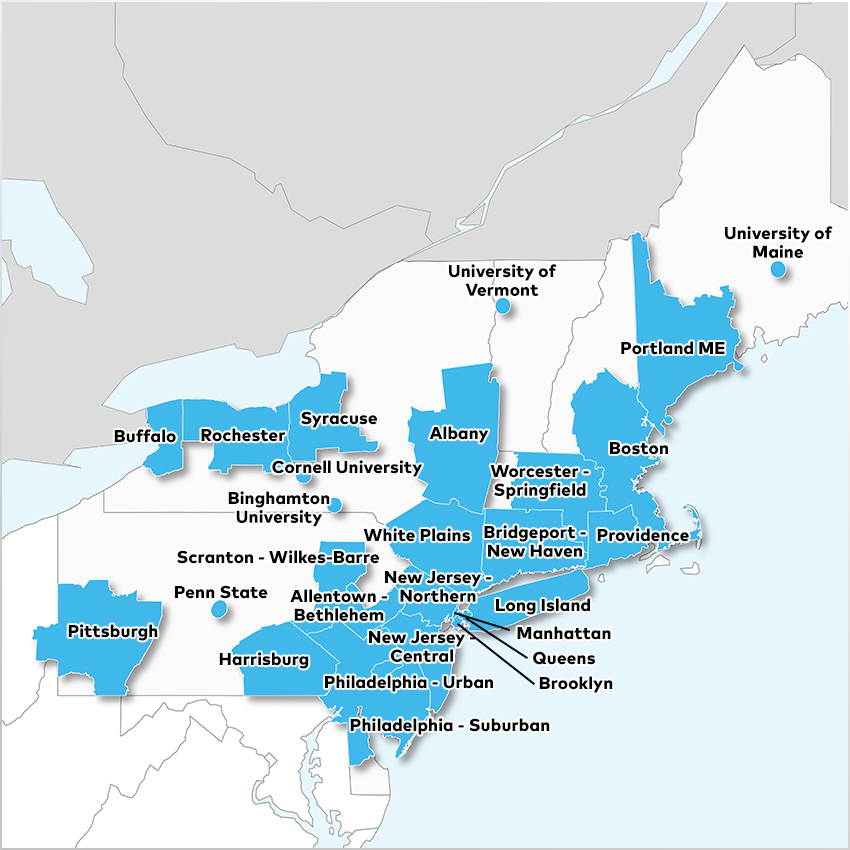 Albany, Allentown-Bethlehem, Binghamton University, Boston, Bridgeport - New Haven, Brooklyn, Buffalo, Cornell University, Harrisburg, Long Island, Manhattan, New Jersey - Central, New Jersey - Northern, Penn State, Philadelphia - Suburban, Philadelphia - Urban, Pittsburgh, Portland ME, Providence, Queens, Rochester, Scranton-Wilkes-Barre, Syracuse, University of Maine, University of Vermont, White Plains,  and Worcester - Springfield 